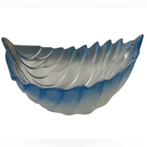 Mid Century Walther glass leaf feather art blue ombré bowl 6” tall x 11” wide